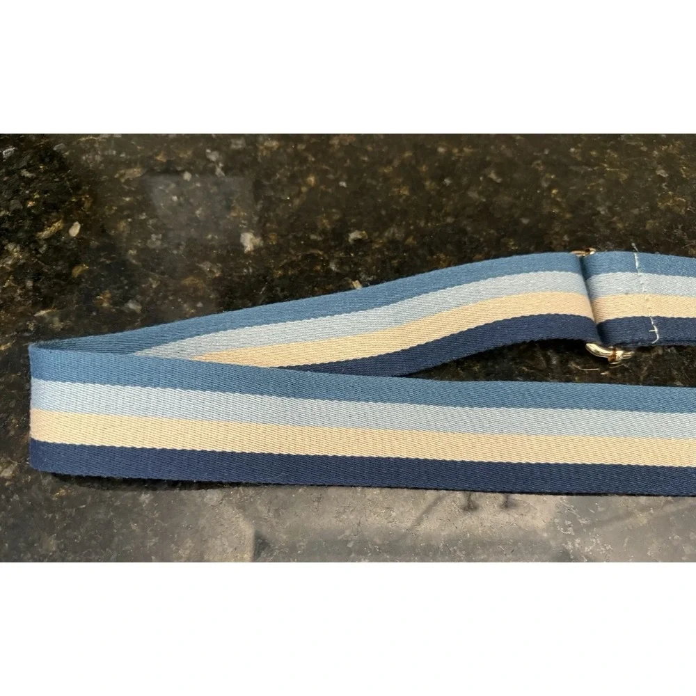 Authentic Pom Pom London‎ Crossbody Bag Purse Strap Blue Tan Stripe 2